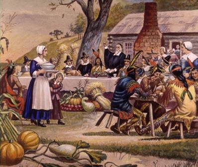 first-thanksgiving-pilgrims-plymouth-meal-398x336