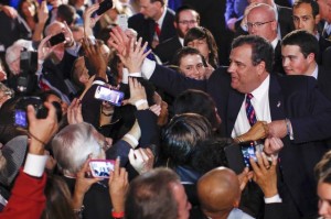 New Jersey Governor Chris Christie greets supporters after his election night victory speech in Asbury Park, New Jersey